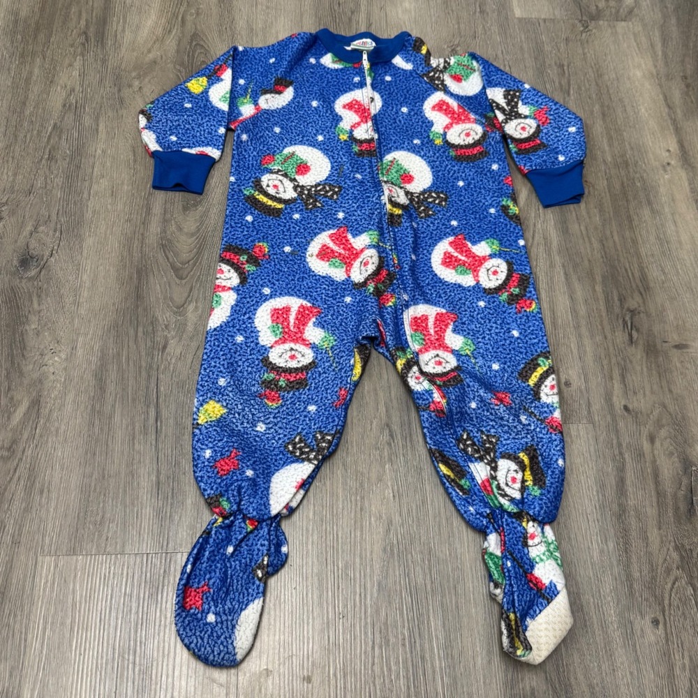 Vintage 90s Okie Dokie Kids Blue Fleece Snowman Footed Sleeper Pajamas 3T Xmas